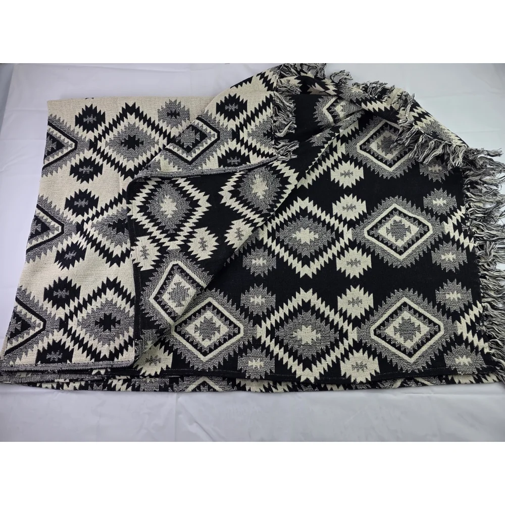 Aztec Western Reversible Throw Blanket With Fringe 50 X 70 Black/ Oatmeal